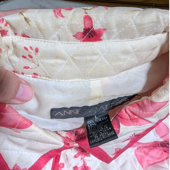 Vtg 1990s Anne Carson White Pink Quilted Floral 100% Silk Button Up Jacket Sz L - Picture 3 of 5